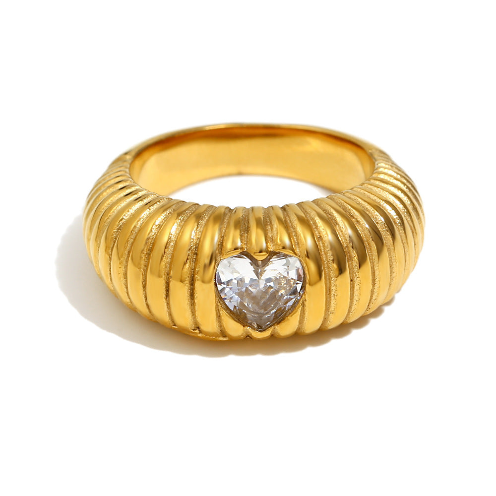 Wholesale Threaded stainless steel heart-shaped zircon ring